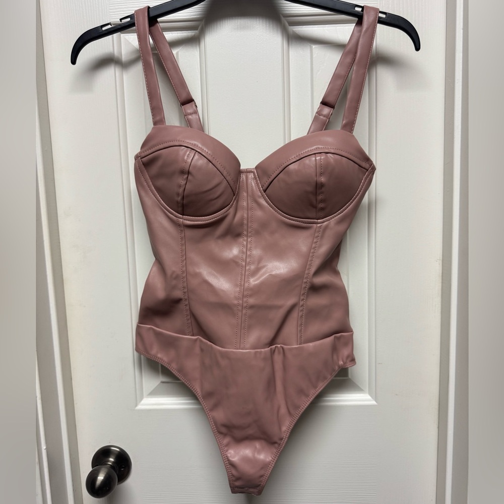 Haute Monde Pink Bodysuit with Bustier Top Faux Leather
